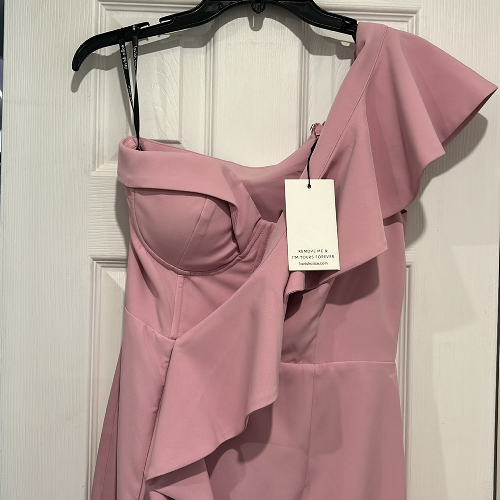 NWT Lavish Alice Pink Asymmetrical Ruffled Sheath Dress - Picture 2 of 5